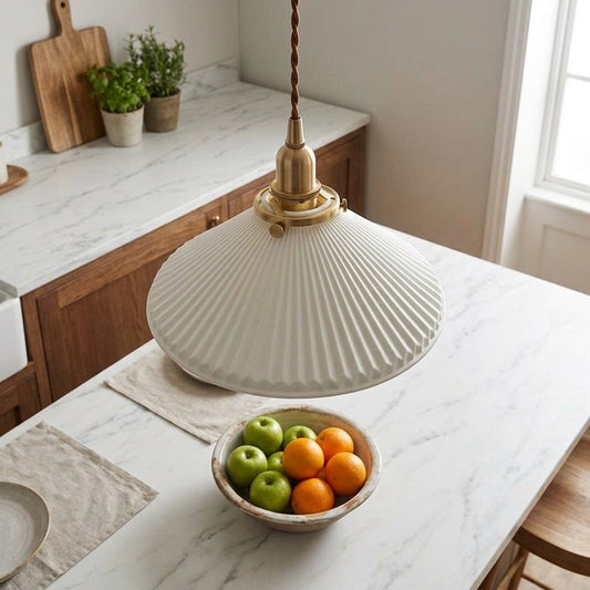 Fluted Ceramic Pendant Light – Elegant White Cone with Brass - 101PL - Modefinity