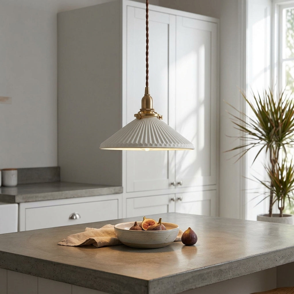 Fluted Ceramic Pendant Light – Elegant White Cone with Brass - 101PL - Modefinity