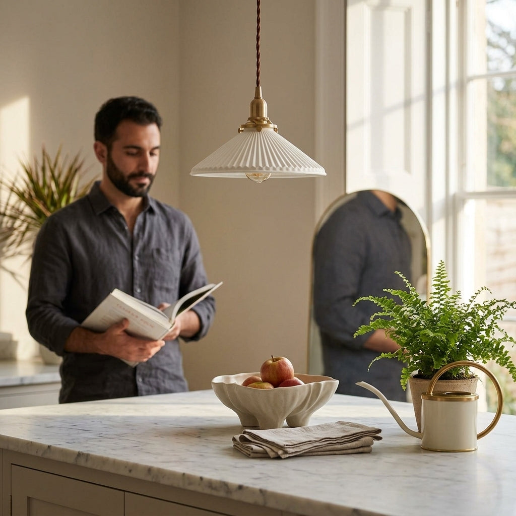 Fluted Ceramic Pendant Light – Elegant White Cone with Brass - 101PL - Modefinity