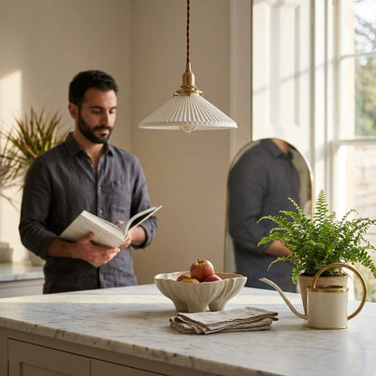 Fluted Ceramic Pendant Light – Elegant White Cone with Brass - 101PL - Modefinity