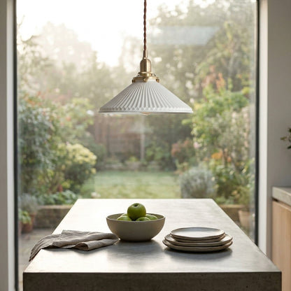 Fluted Ceramic Pendant Light – Elegant White Cone with Brass - 101PL - Modefinity
