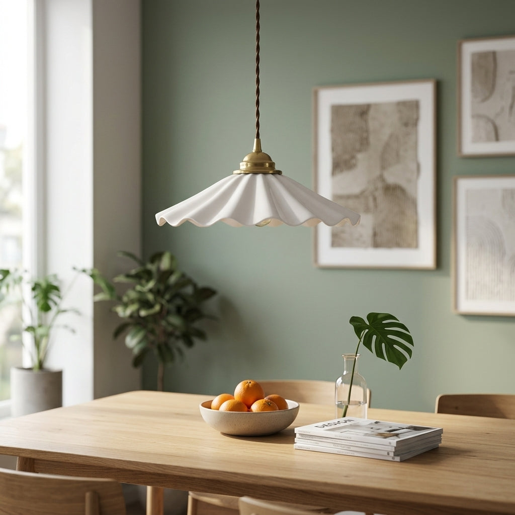 Elegant Wave Pendant Light with Brass Socket & Brown Cord – Soft Ivory Ceramic Shade