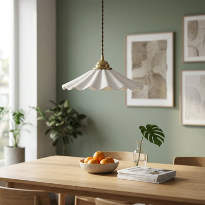 Elegant Wave Pendant Light with Brass Socket & Brown Cord – Soft Ivory Ceramic Shade