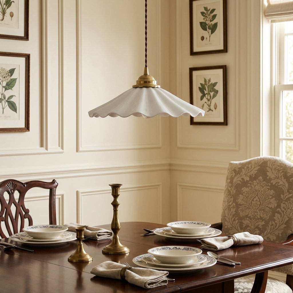 Elegant Wave Pendant Light with Brass Socket & Brown Cord – Soft Ivory Ceramic Shade