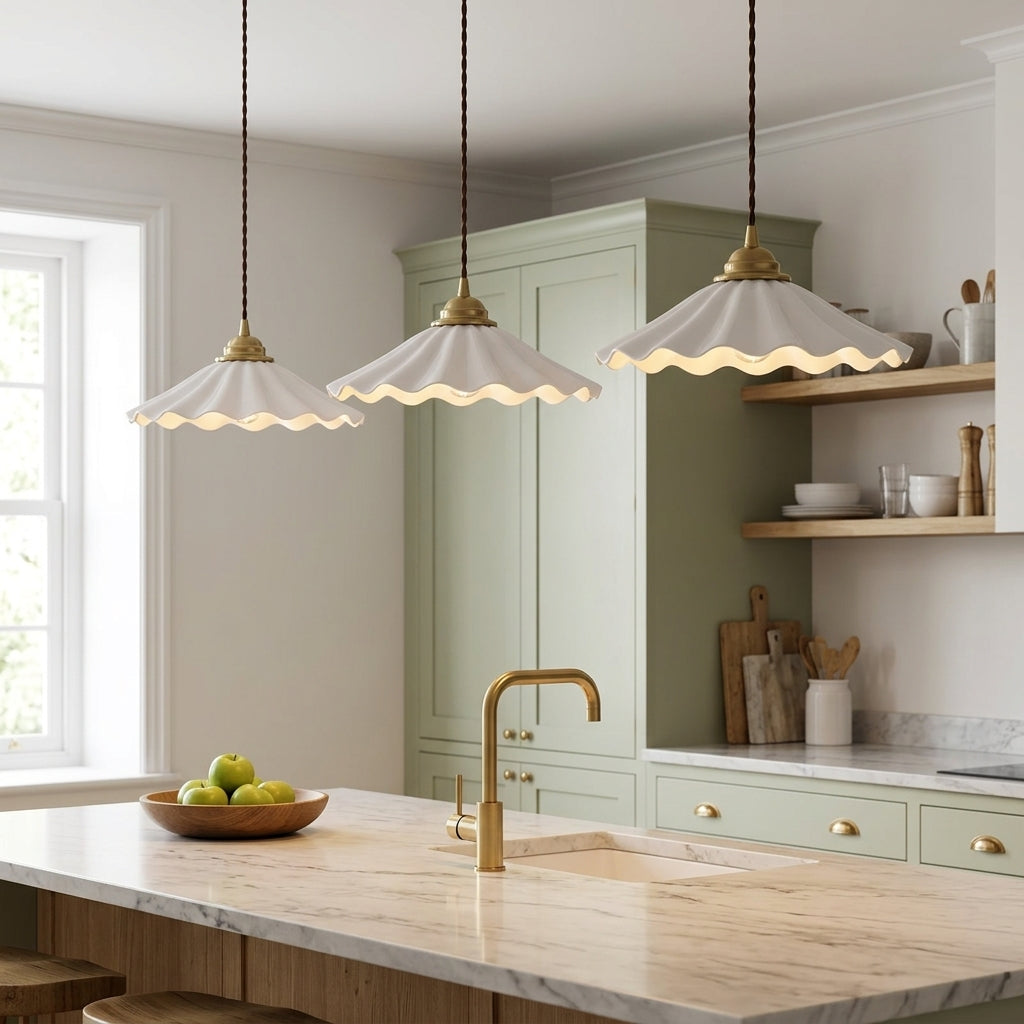 Elegant Wave Pendant Light with Brass Socket & Brown Cord – Soft Ivory Ceramic Shade
