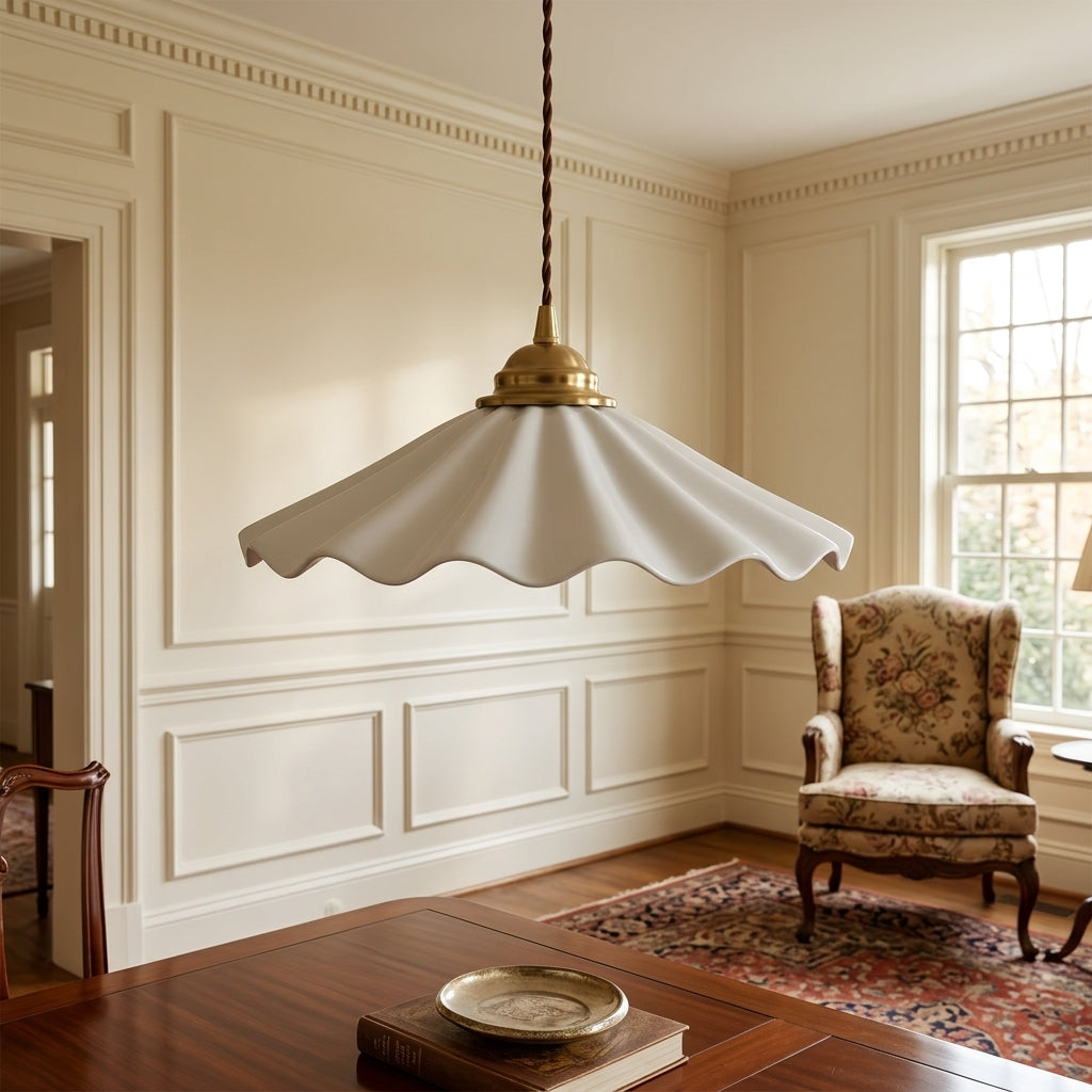 Elegant Wave Pendant Light with Brass Socket & Brown Cord – Soft Ivory Ceramic Shade