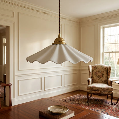 Elegant Wave Pendant Light with Brass Socket & Brown Cord – Soft Ivory Ceramic Shade