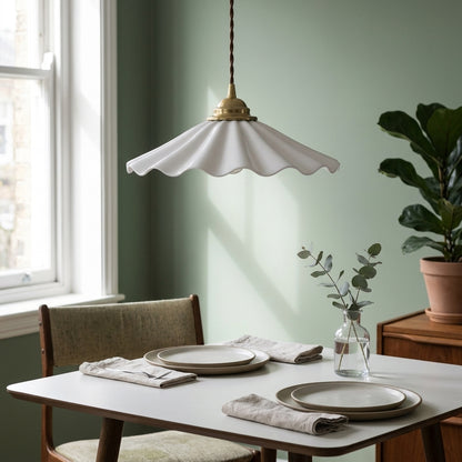 Elegant Wave Pendant Light with Brass Socket & Brown Cord – Soft Ivory Ceramic Shade