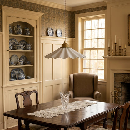 Elegant Wave Pendant Light with Brass Socket & Brown Cord – Soft Ivory Ceramic Shade