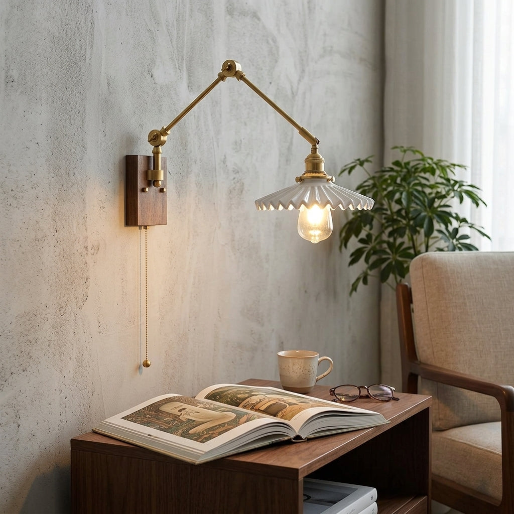 Antique Brass Swing Arm Wall Sconce with Scalloped Ceramic Shade - 129WL - Modefinity