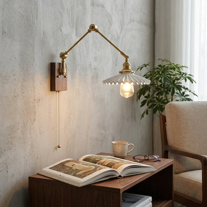 Antique Brass Swing Arm Wall Sconce with Scalloped Ceramic Shade - 129WL - Modefinity