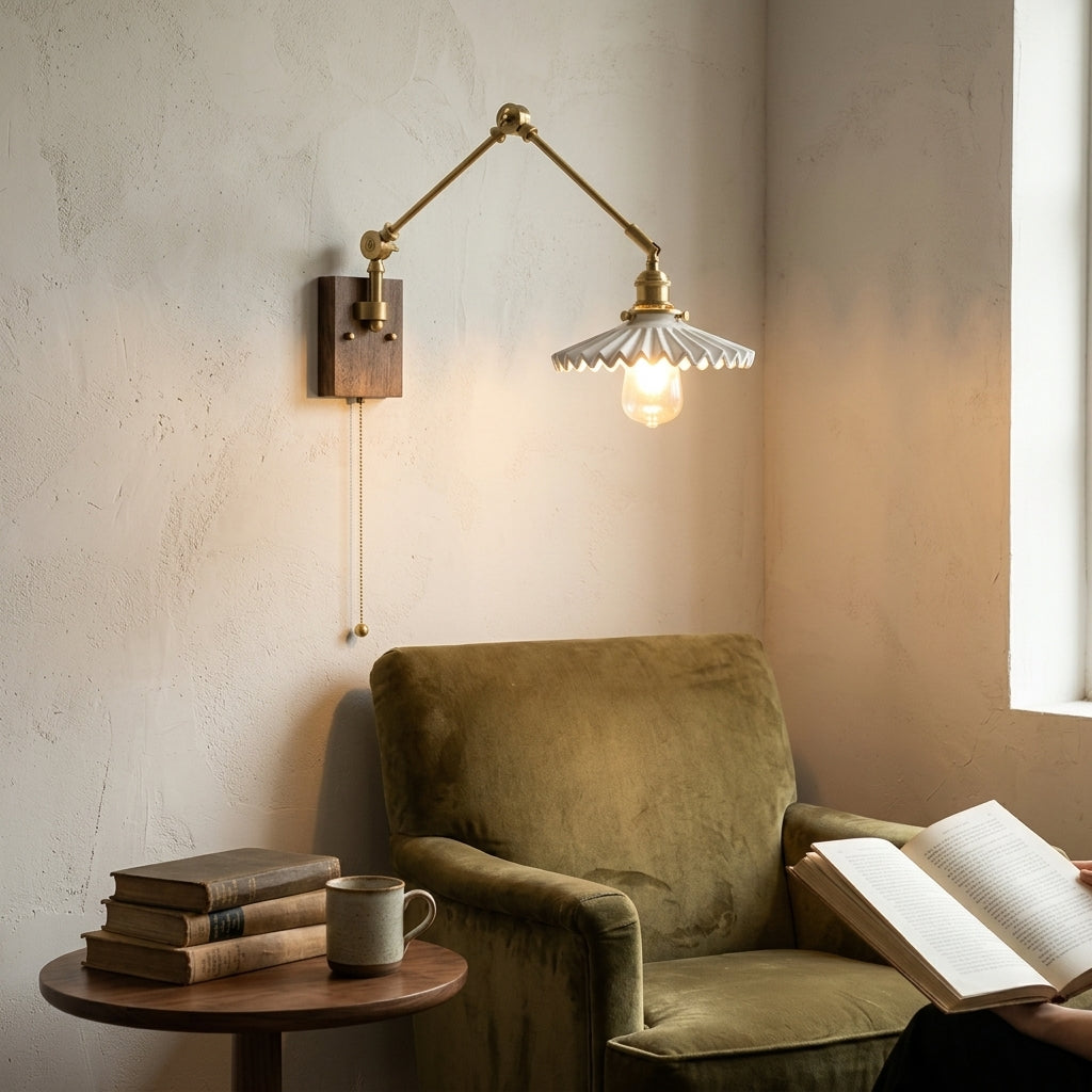 Antique Brass Swing Arm Wall Sconce with Scalloped Ceramic Shade - 129WL - Modefinity