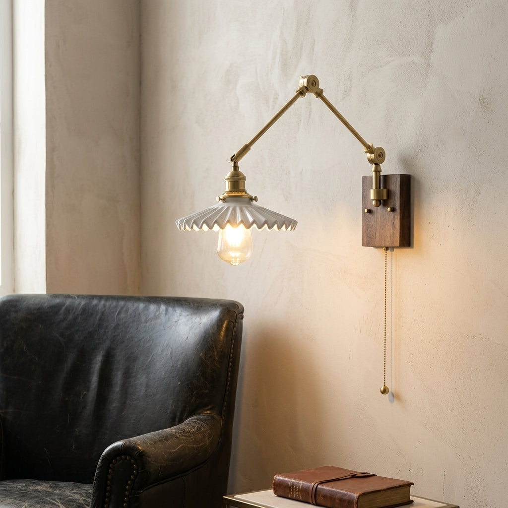 Antique Brass Swing Arm Wall Sconce with Scalloped Ceramic Shade - 129WL - Modefinity