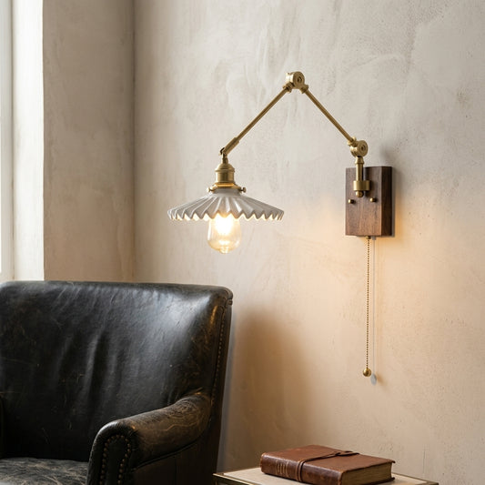 Antique Brass Swing Arm Wall Sconce with Scalloped Ceramic Shade - 129WL - Modefinity