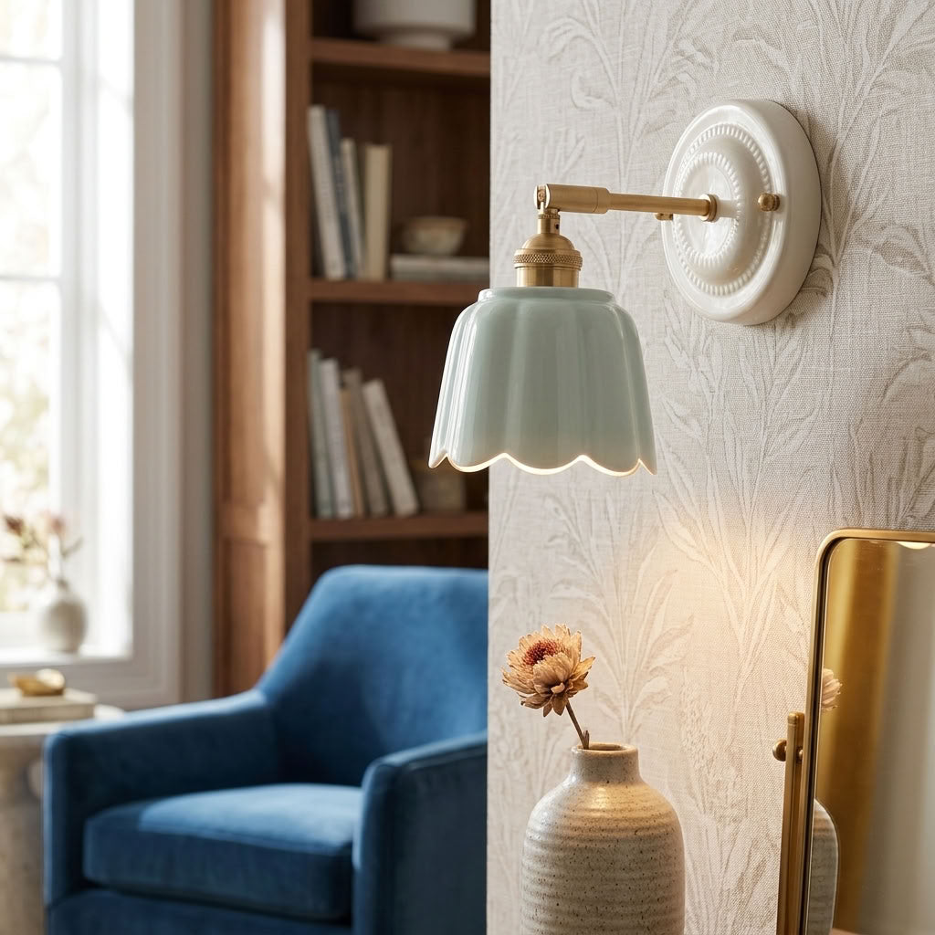 Scalloped Ceramic Wall Sconce – Vintage Fluted Wall Light