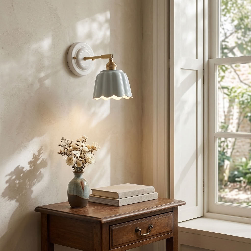 Scalloped Ceramic Wall Sconce – Vintage Fluted Wall Light