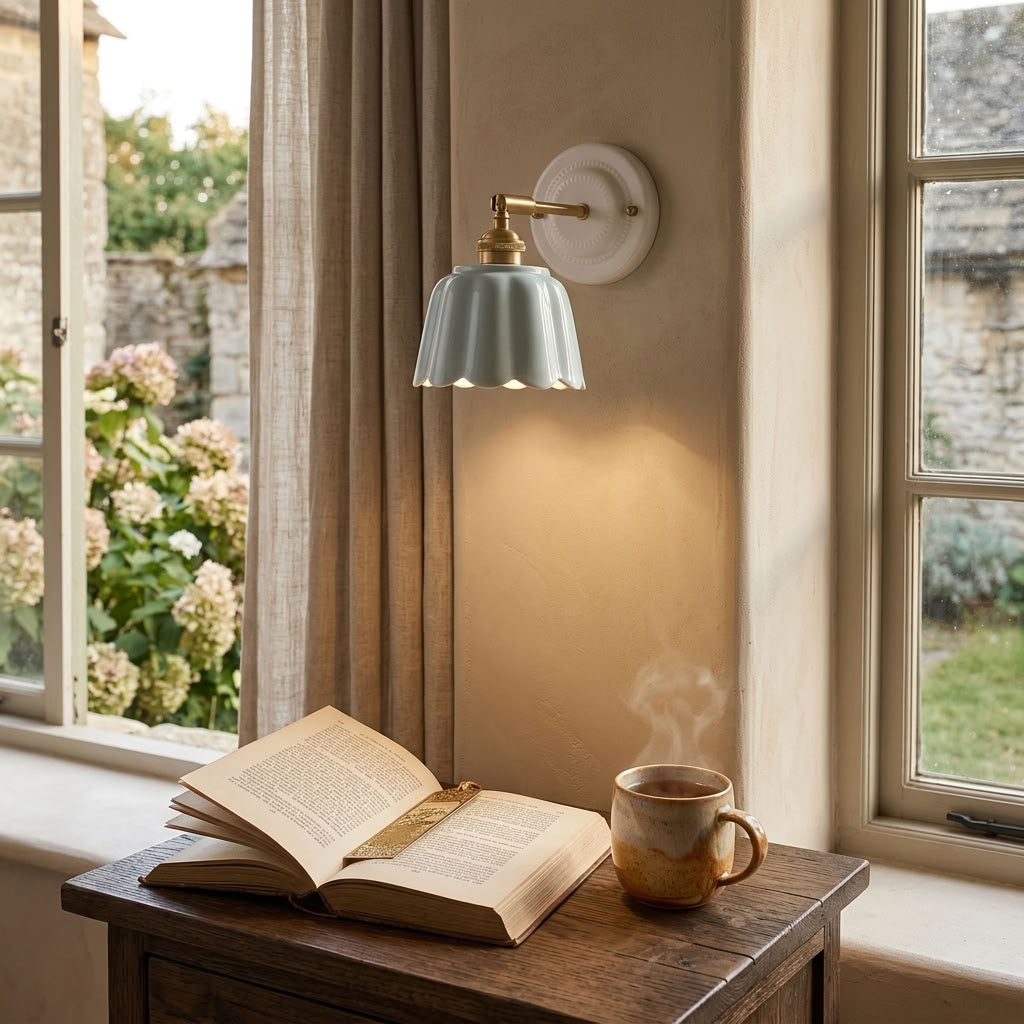 Scalloped Ceramic Wall Sconce – Vintage Fluted Wall Light