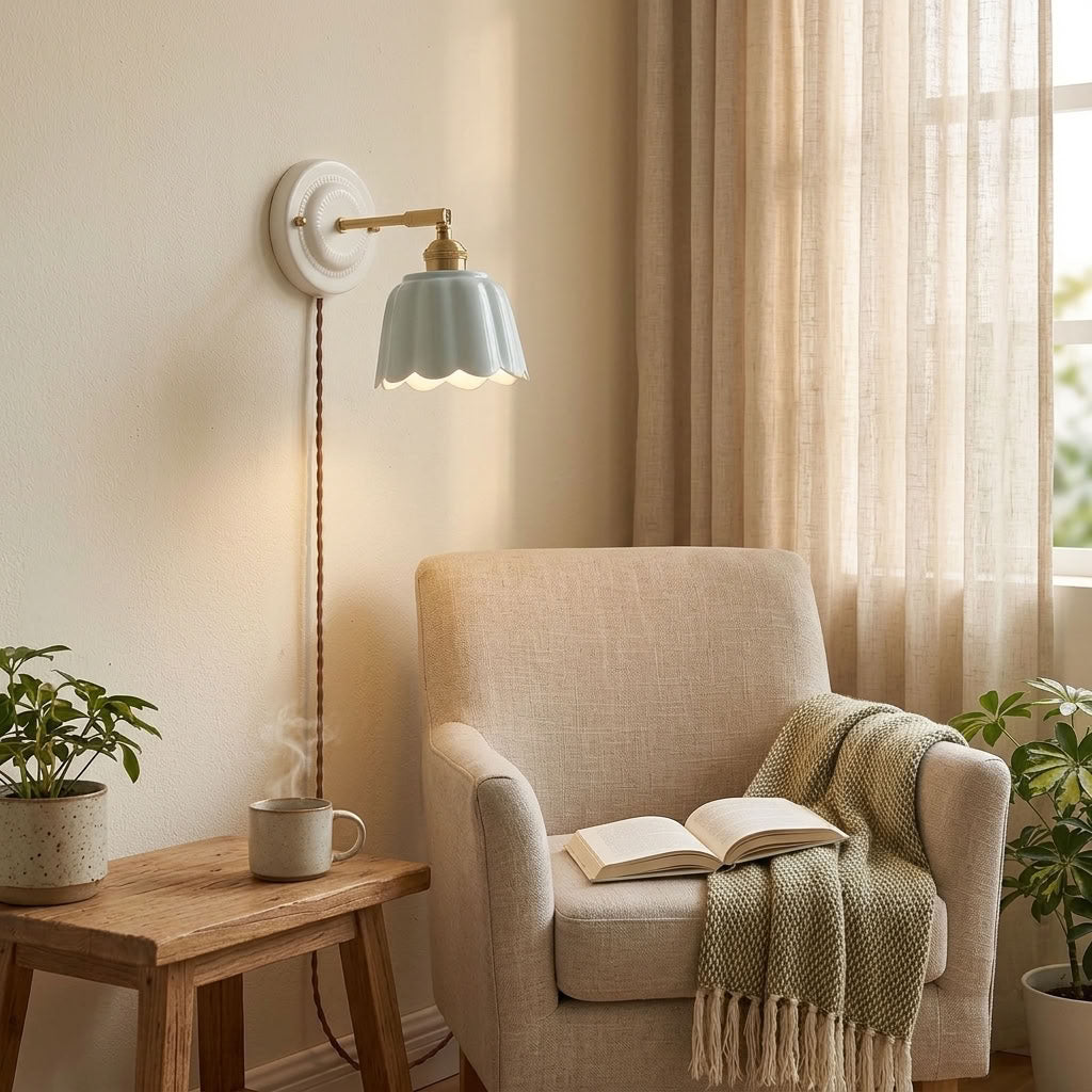 Scalloped Ceramic Wall Sconce – Vintage Fluted Wall Light