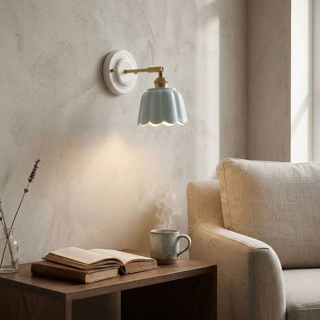Scalloped Ceramic Wall Sconce – Vintage Fluted Wall Light