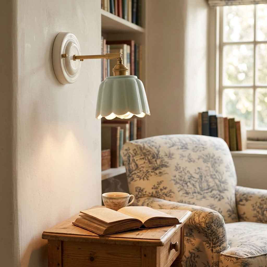 Scalloped Ceramic Wall Sconce – Vintage Fluted Wall Light