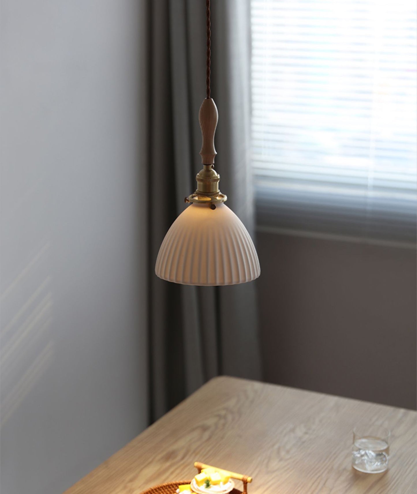 White Ceramic Pendant Light with Wood Stick - 206CPL