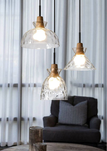 Suspension en verre transparent avec douille en bois - 101NS