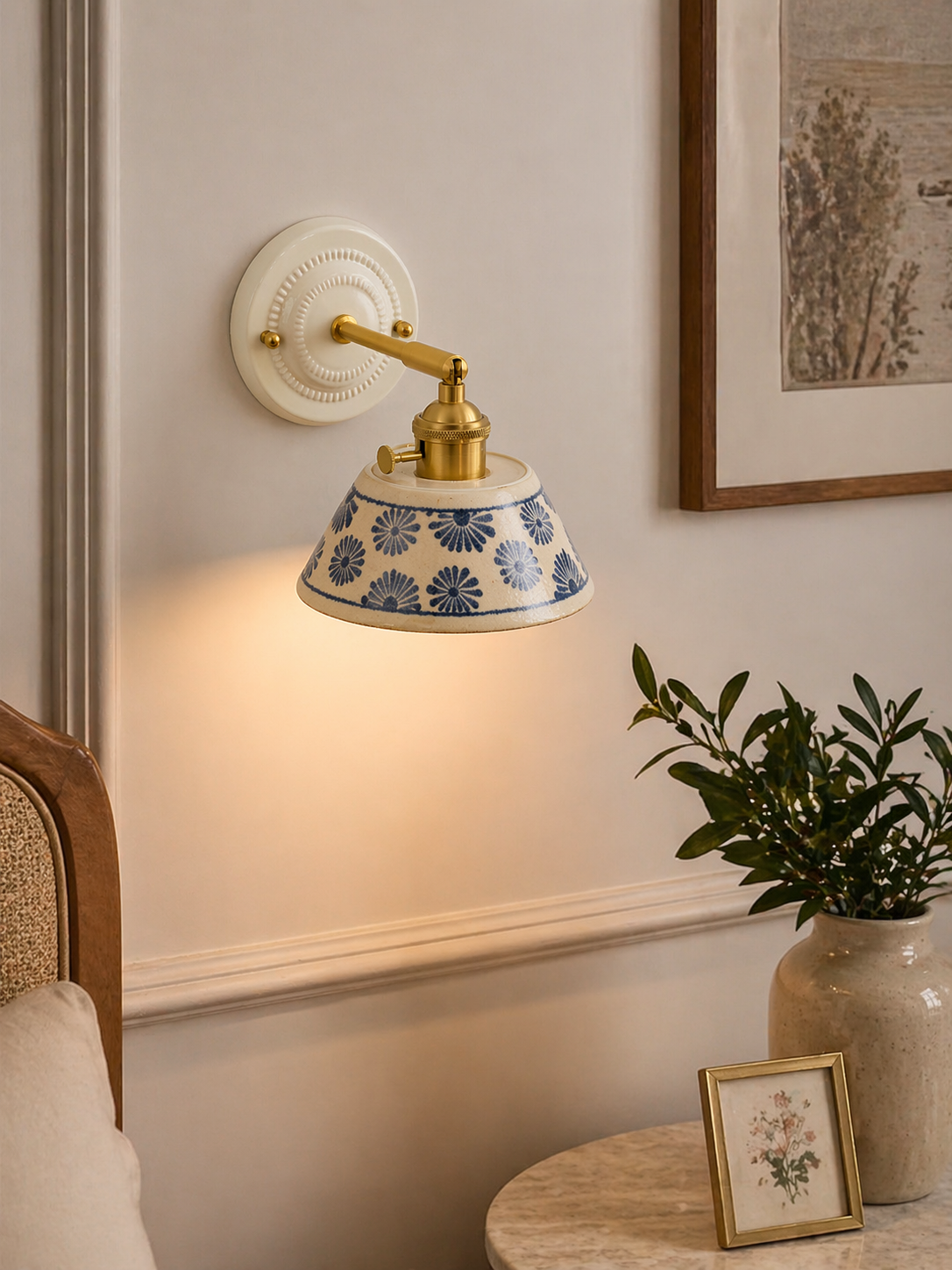 Vintage Ceramic Wall Sconce with Blue Floral Shade – Handmade Bedside Light Fixture - Modefinity