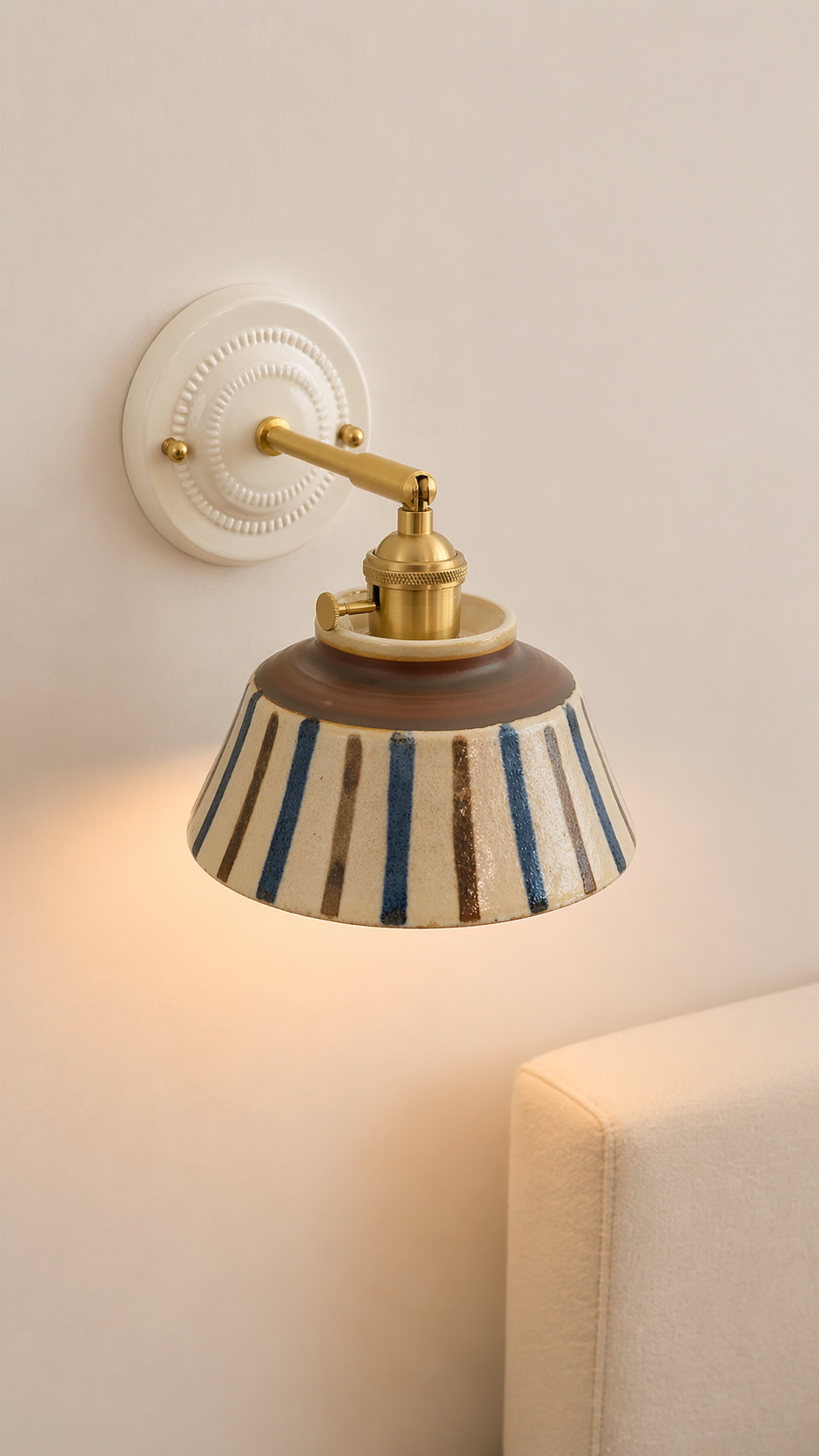 Komorebi Hand-Painted Ceramic Wall Sconce – Striped Japandi Artisanal Light - Modefinity