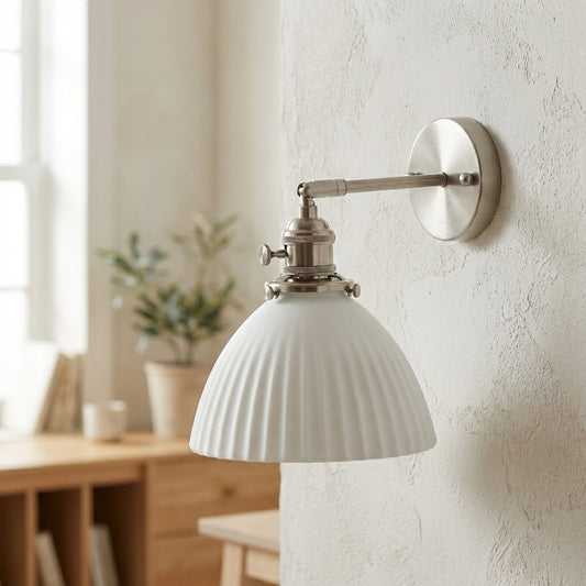 Modern Farmhouse Ribbed Ceramic Wall Sconce – Brushed Nickel - Modefinity