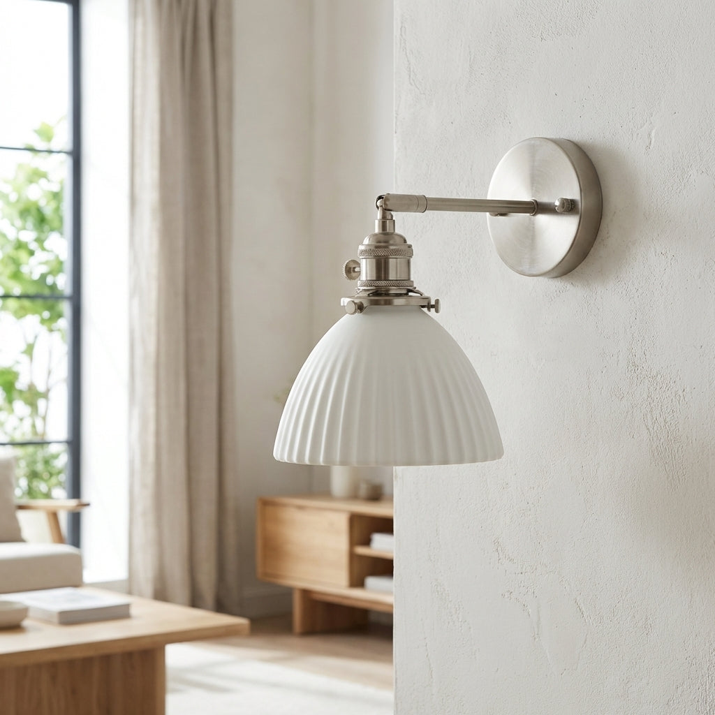 Modern Farmhouse Ribbed Ceramic Wall Sconce – Brushed Nickel - Modefinity