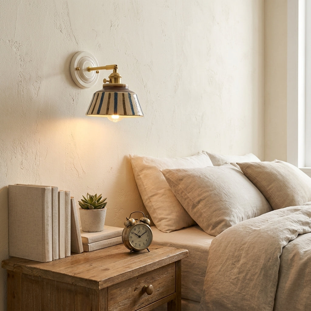 Komorebi Hand-Painted Ceramic Wall Sconce – Striped Japandi Artisanal Light - Modefinity