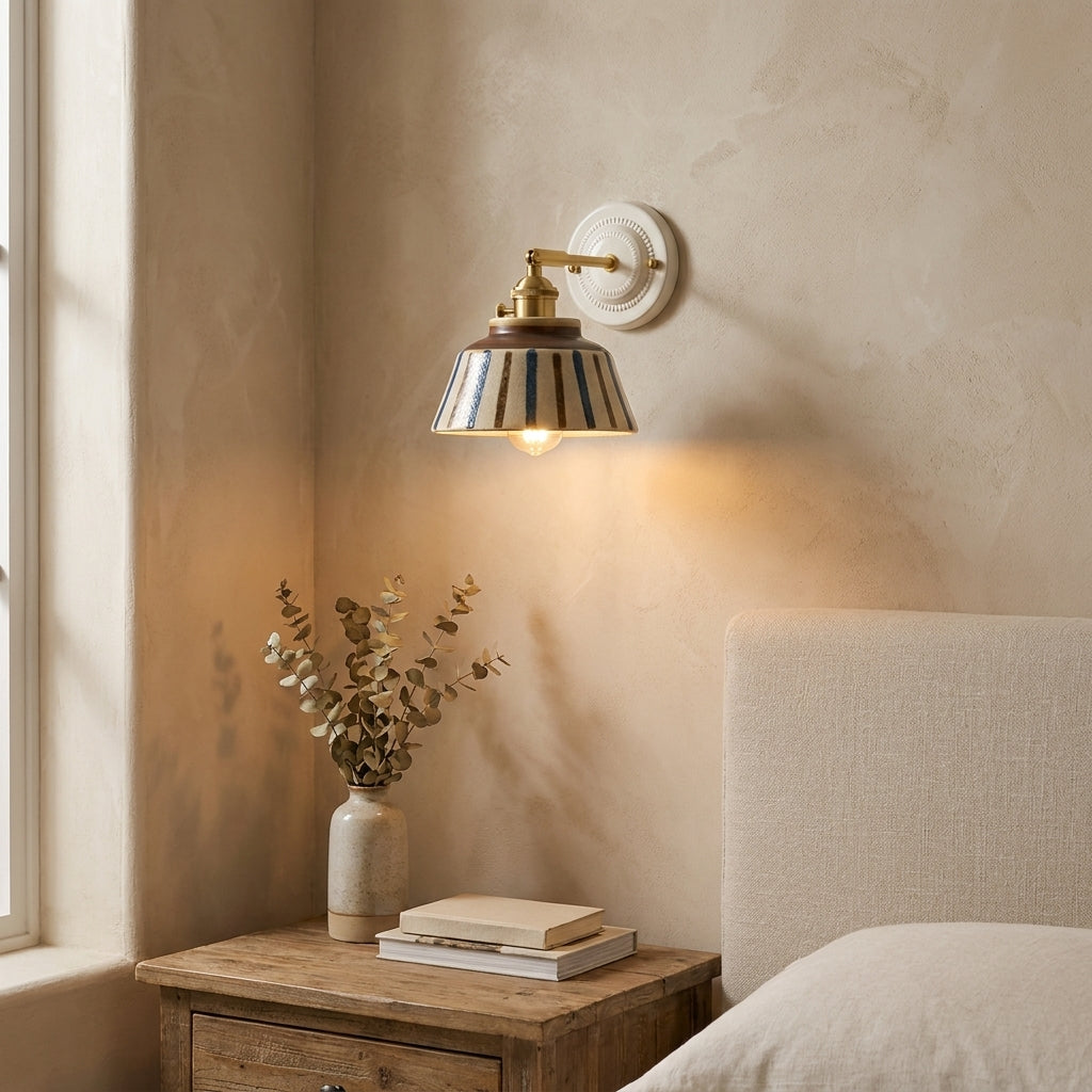 Komorebi Hand-Painted Ceramic Wall Sconce – Striped Japandi Artisanal Light - Modefinity