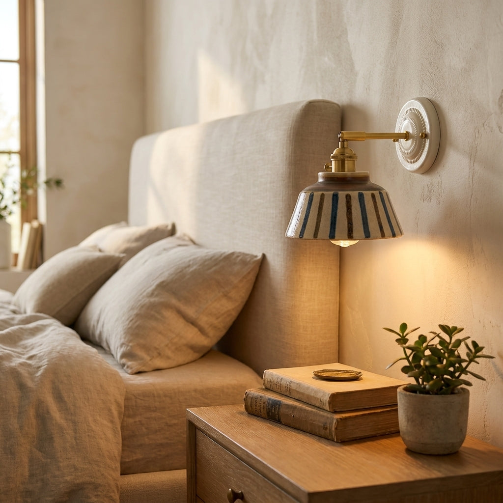 Komorebi Hand-Painted Ceramic Wall Sconce – Striped Japandi Artisanal Light - Modefinity