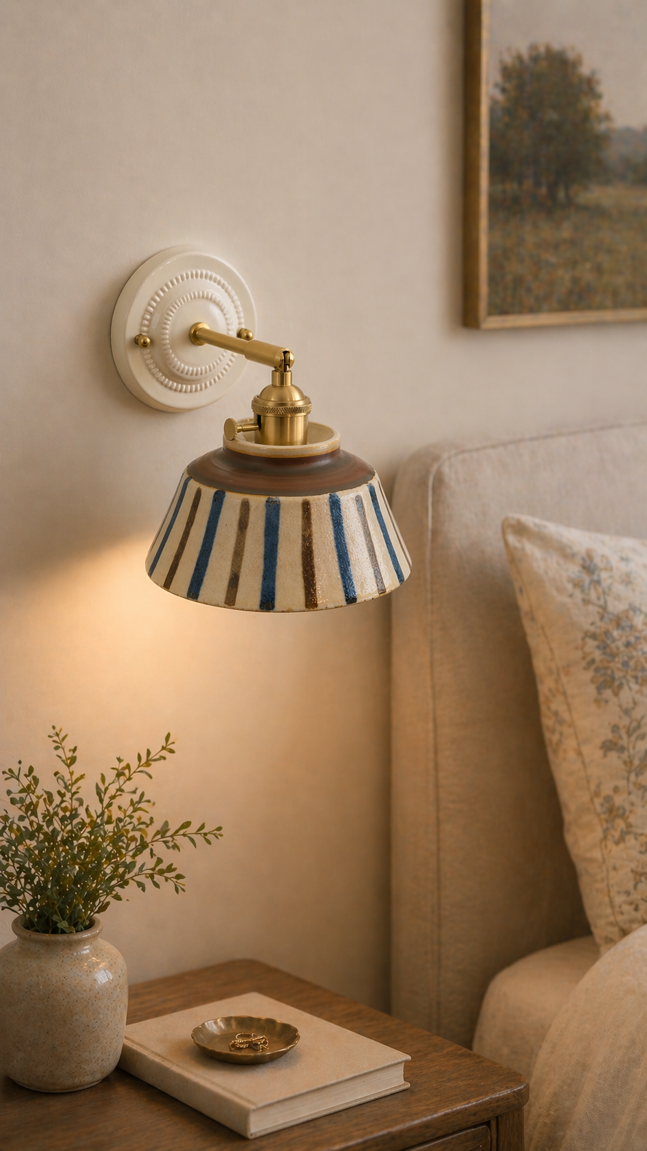 Komorebi Hand-Painted Ceramic Wall Sconce – Striped Japandi Artisanal Light - Modefinity