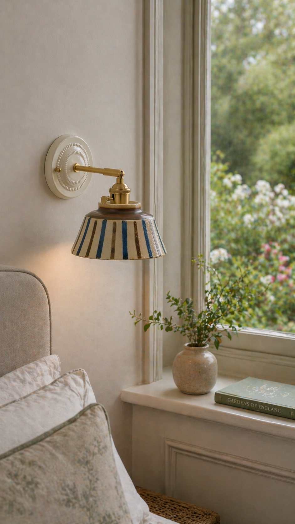 Komorebi Hand-Painted Ceramic Wall Sconce – Striped Japandi Artisanal Light - Modefinity