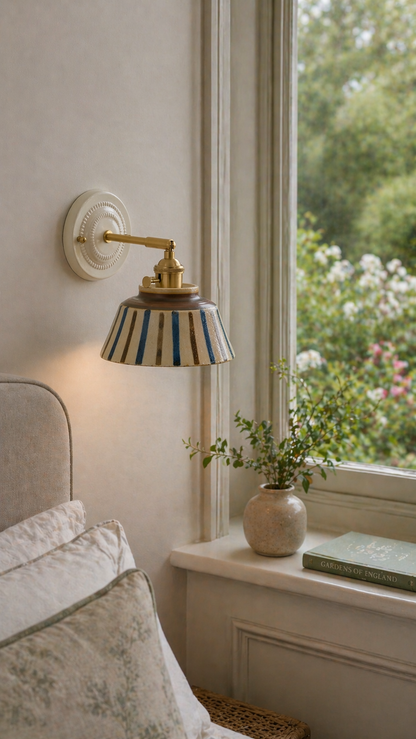 Komorebi Hand-Painted Ceramic Wall Sconce – Striped Japandi Artisanal Light - Modefinity