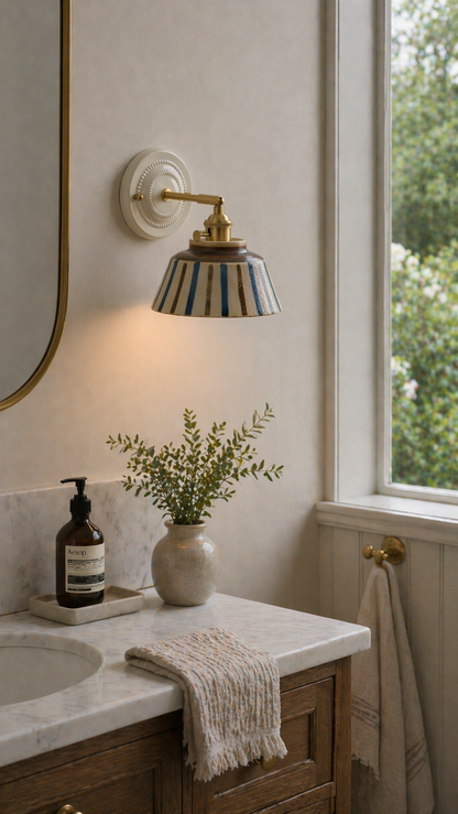 Komorebi Hand-Painted Ceramic Wall Sconce – Striped Japandi Artisanal Light - Modefinity