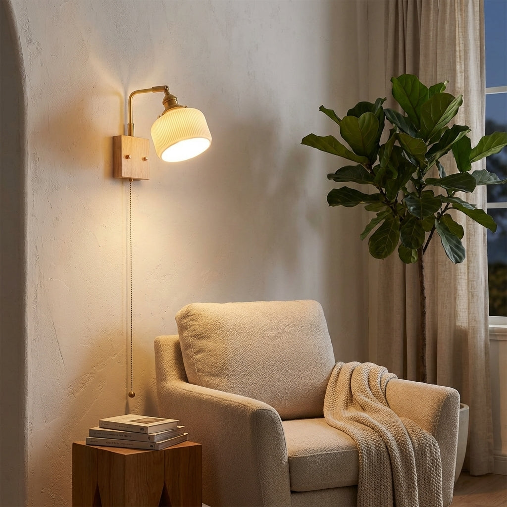 Ceramic Wall Light With Oak Wood Plate - 113WL - Modefinity