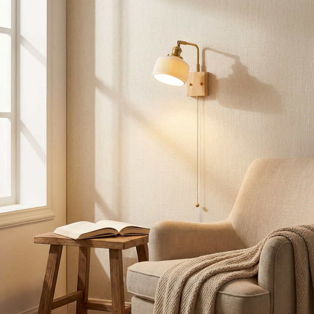 Ceramic Wall Light With Oak Wood Plate - 113WL - Modefinity