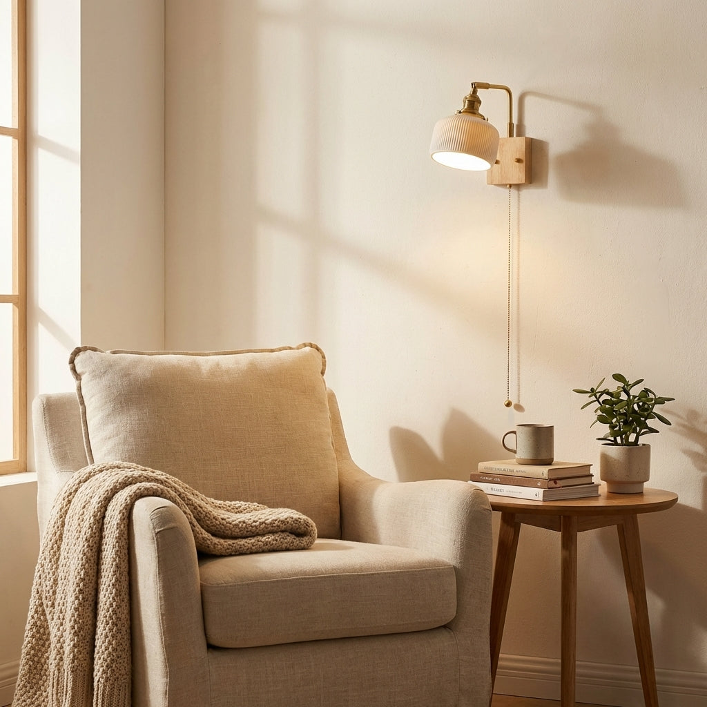 Ceramic Wall Light With Oak Wood Plate - 113WL - Modefinity
