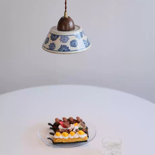 Japanese Ceramic Pendant Light – Blue Floral Shade, Handcrafted Pendant Lamp - Modefinity