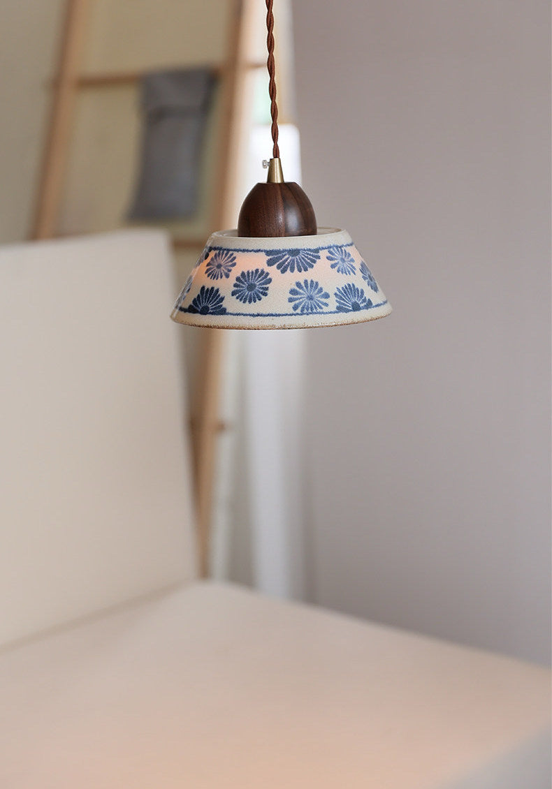 Japanese Ceramic Pendant Light – Blue Floral Shade, Handcrafted Pendant Lamp - Modefinity