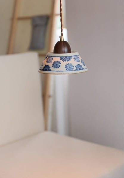 Japanese Ceramic Pendant Light – Blue Floral Shade, Handcrafted Pendant Lamp - Modefinity