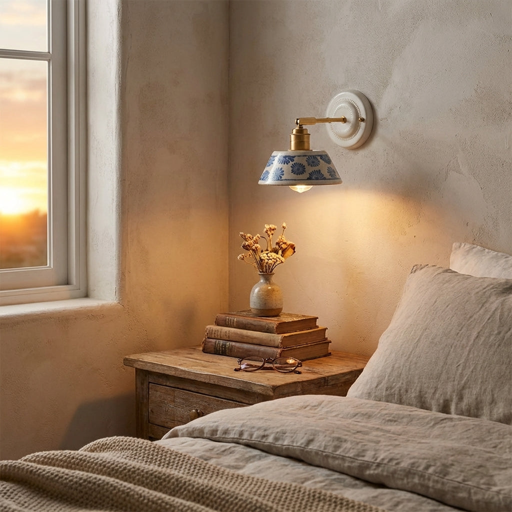 Handcrafted Blue Floral Ceramic Wall Sconce – Brass Adjustable Arm Light - Modefinity