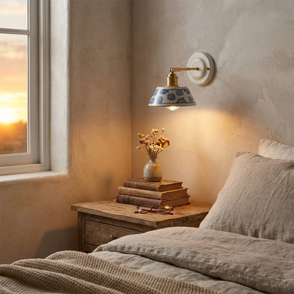 Handcrafted Blue Floral Ceramic Wall Sconce – Brass Adjustable Arm Light - Modefinity