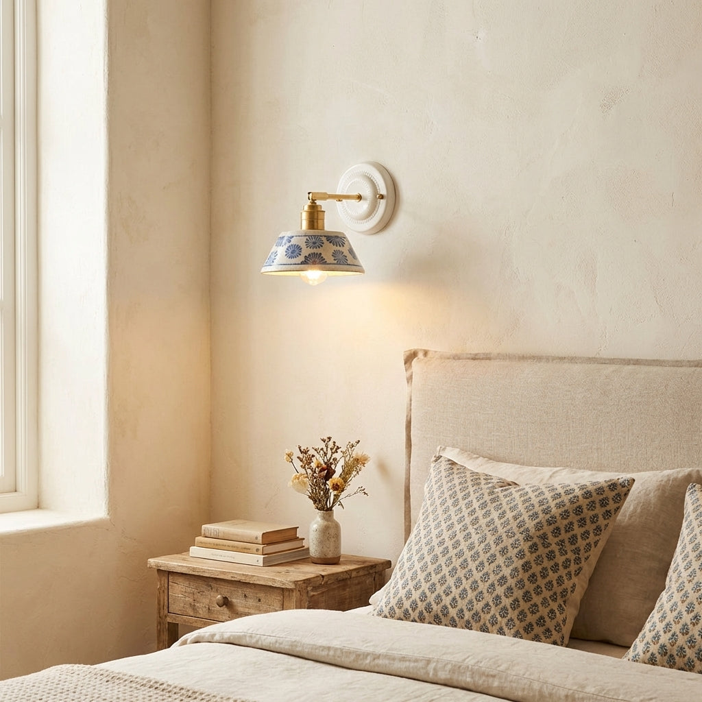 Handcrafted Blue Floral Ceramic Wall Sconce – Brass Adjustable Arm Light - Modefinity