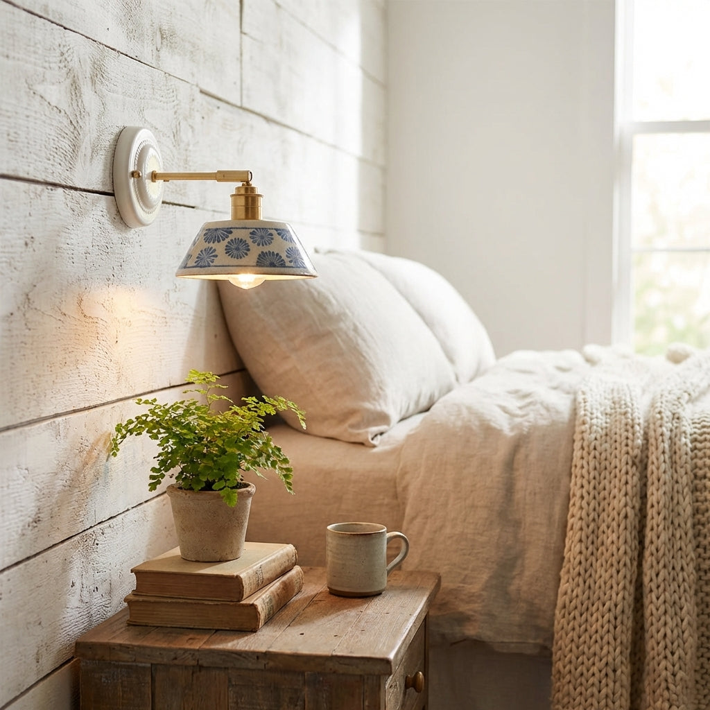 Handcrafted Blue Floral Ceramic Wall Sconce – Brass Adjustable Arm Light - Modefinity