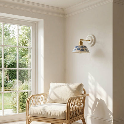 Handcrafted Blue Floral Ceramic Wall Sconce – Brass Adjustable Arm Light - Modefinity