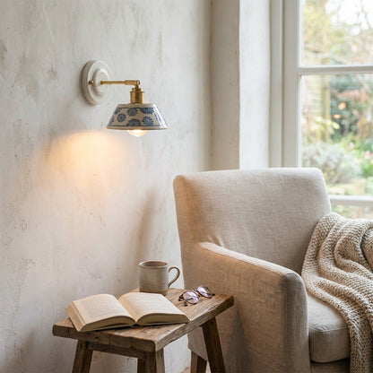 Handcrafted Blue Floral Ceramic Wall Sconce – Brass Adjustable Arm Light - Modefinity