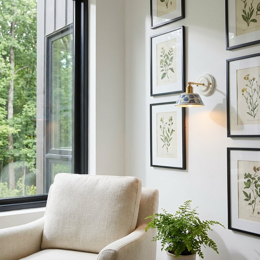 Handcrafted Blue Floral Ceramic Wall Sconce – Brass Adjustable Arm Light - Modefinity